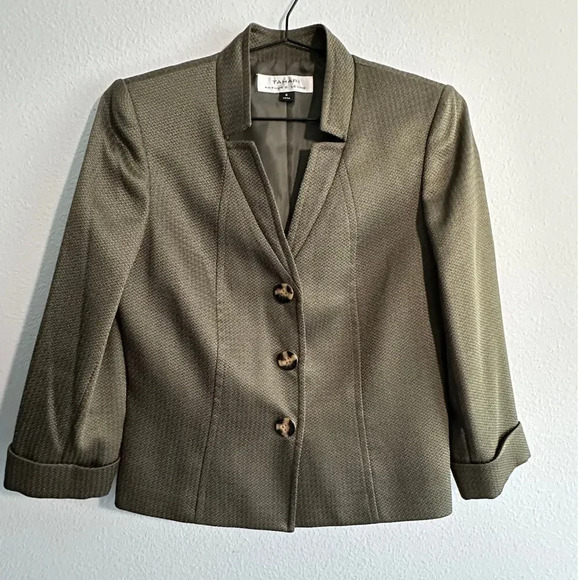 Tahari Arthur S Levine Womens Blazer Jacket Olive Green Three Button Textured - Picture 2 of 16